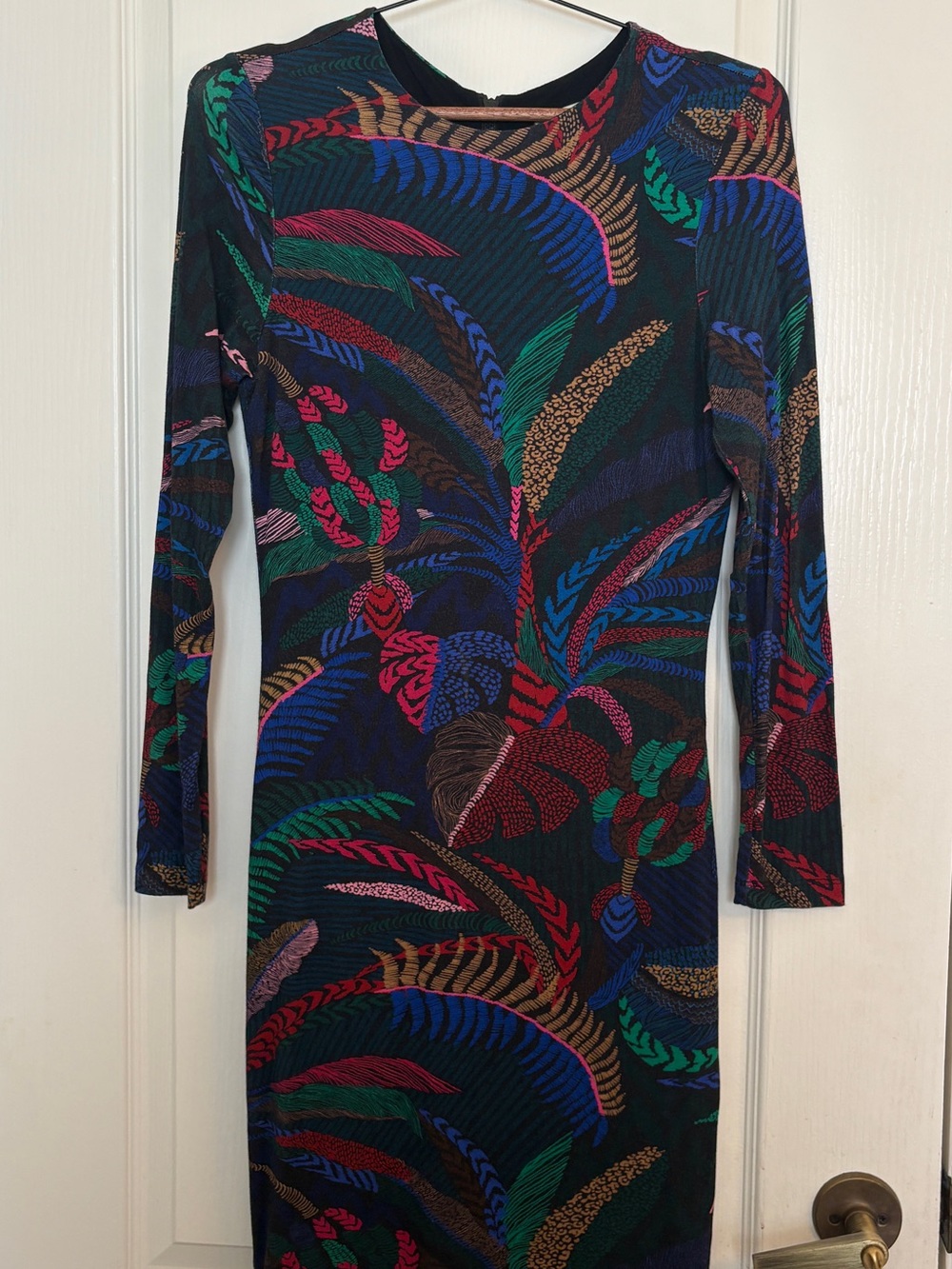 FARM Rio Amazonia Night Long Sleeve Midi Bodycon Dress S tropical botanical - Picture 4 of 12